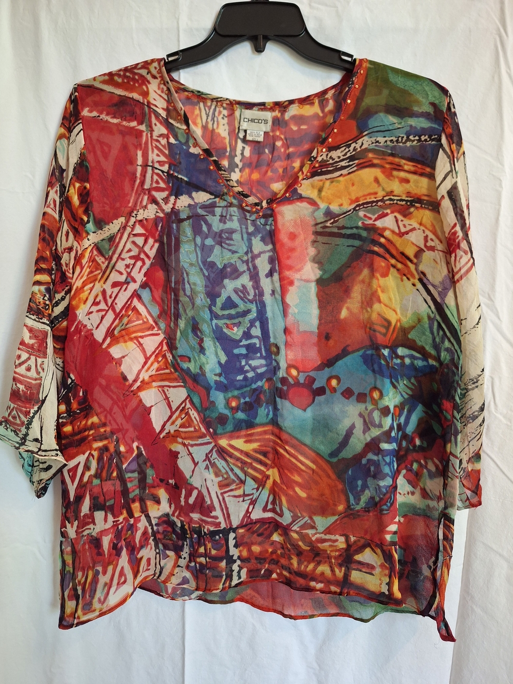 Chicos Womens Multicolored Abstract Silk Chiffon Shirt Embellished Neckline Sz L